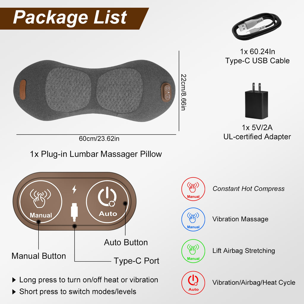 3 in 1 Electric Lumbar Massager Support Pillow Plug-In Memory Foam Lower Back Massager with Heat Vibration Airbag Stretching Adapter for Pain Relief