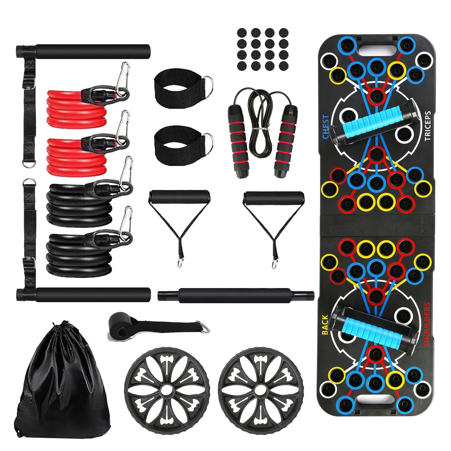 Multifunctional Push up Board Home Strength Training Equipment with 15 Fitness Accessories Pilates Bar Resistance Band Roller Wheel Full Body Workout Home Gym Equipment