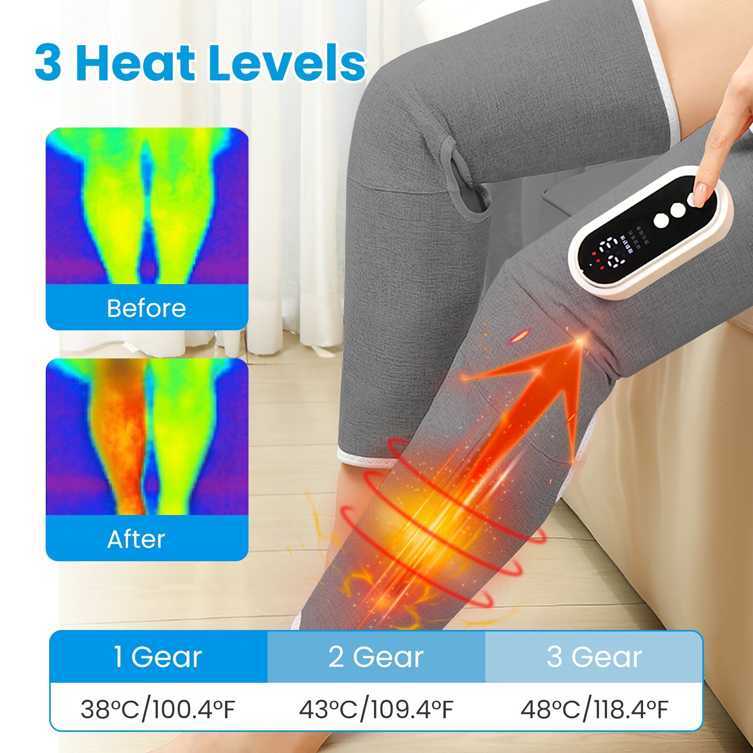 1Pc Cordless Leg Massager Air Compression Massager with Heat Thigh Knee Calf Massager with 3 Modes Adjustable Wrap for Pain Relief