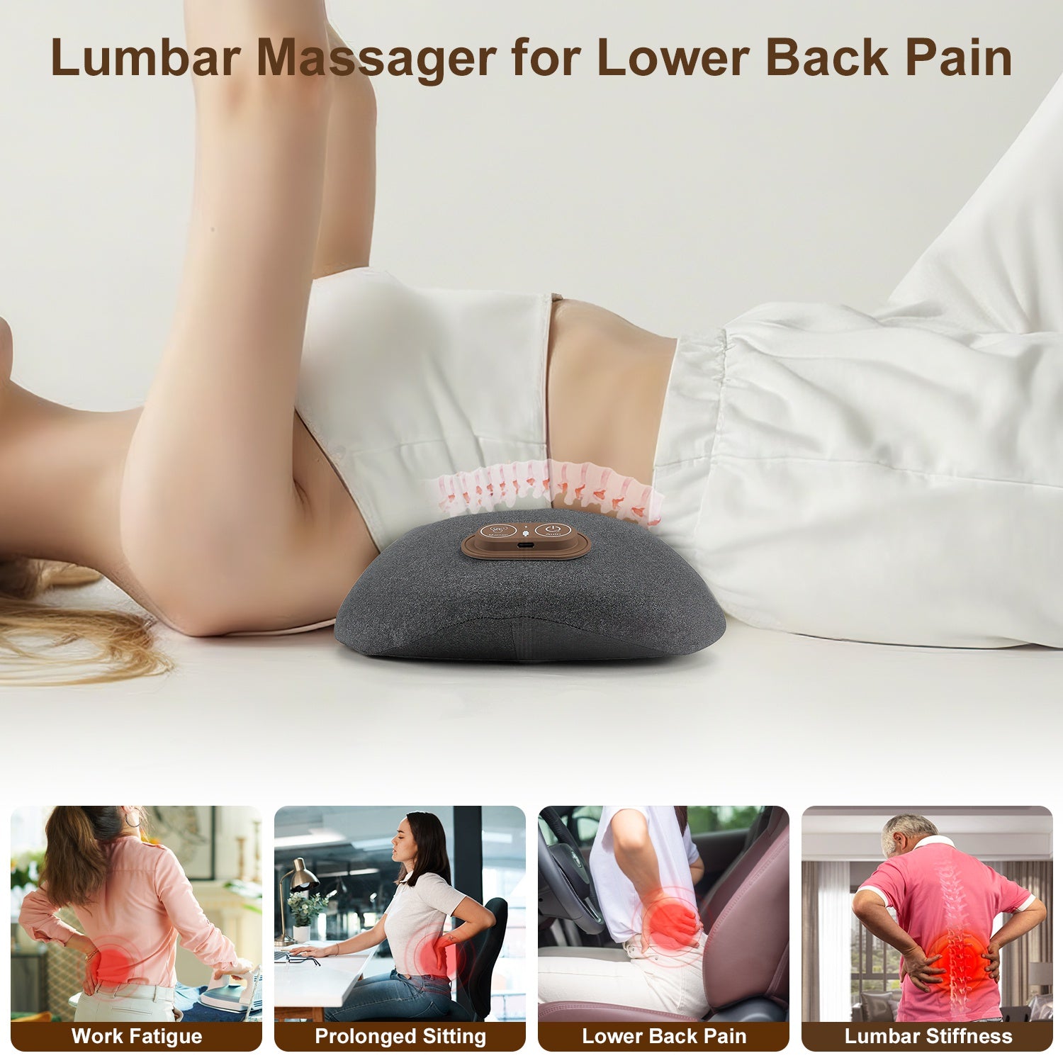 3 in 1 Electric Lumbar Massager Support Pillow Plug-In Memory Foam Lower Back Massager with Heat Vibration Airbag Stretching Adapter for Pain Relief