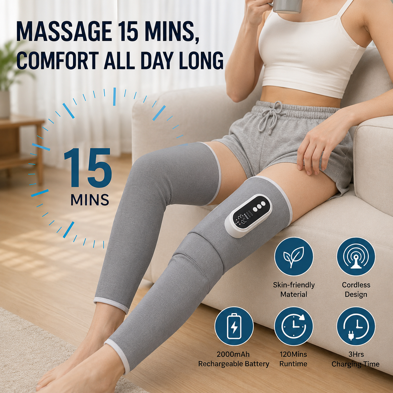 1Pc Cordless Leg Massager Air Compression Massager with Heat Thigh Knee Calf Massager with 3 Modes Adjustable Wrap for Pain Relief