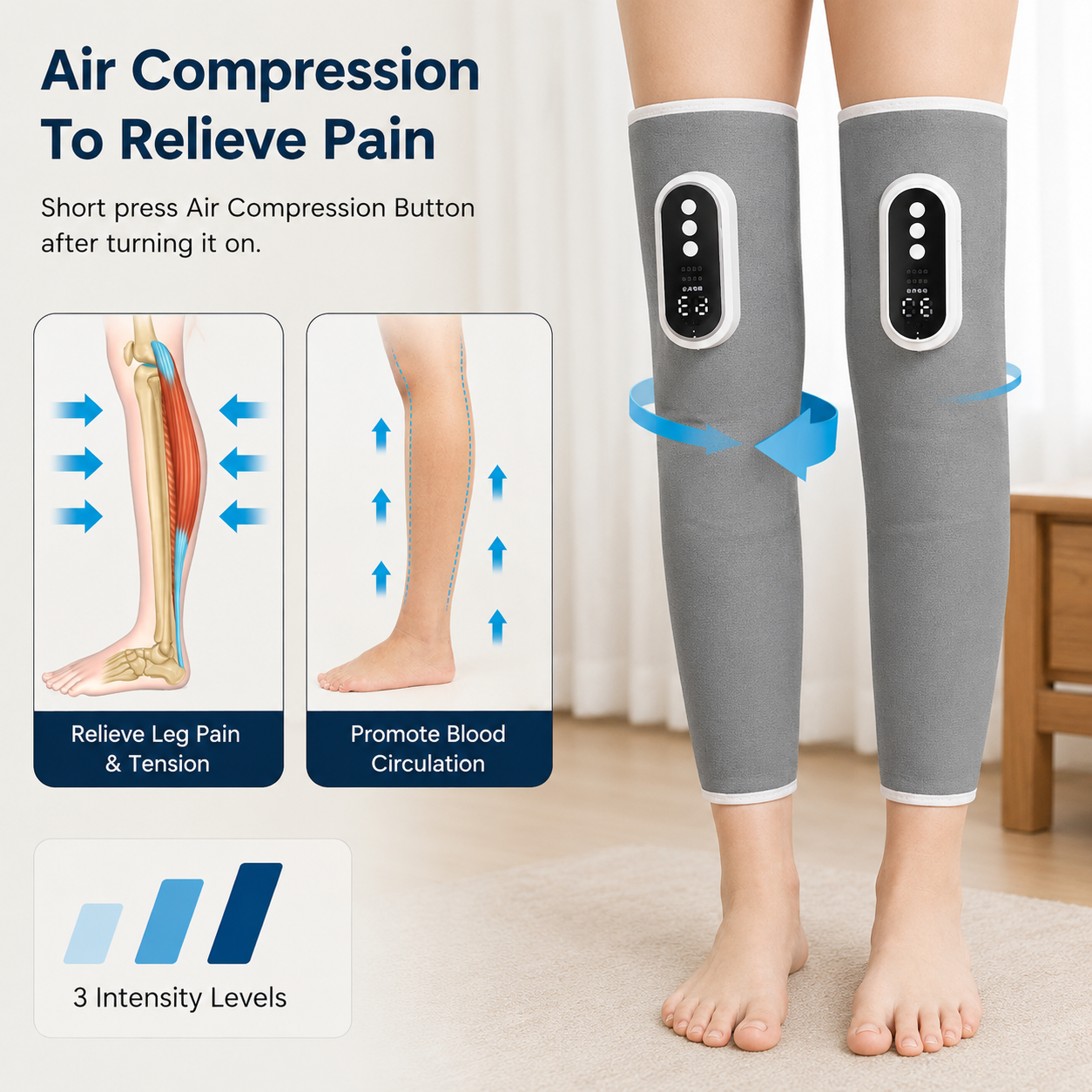 1Pc Cordless Leg Massager Air Compression Massager with Heat Thigh Knee Calf Massager with 3 Modes Adjustable Wrap for Pain Relief
