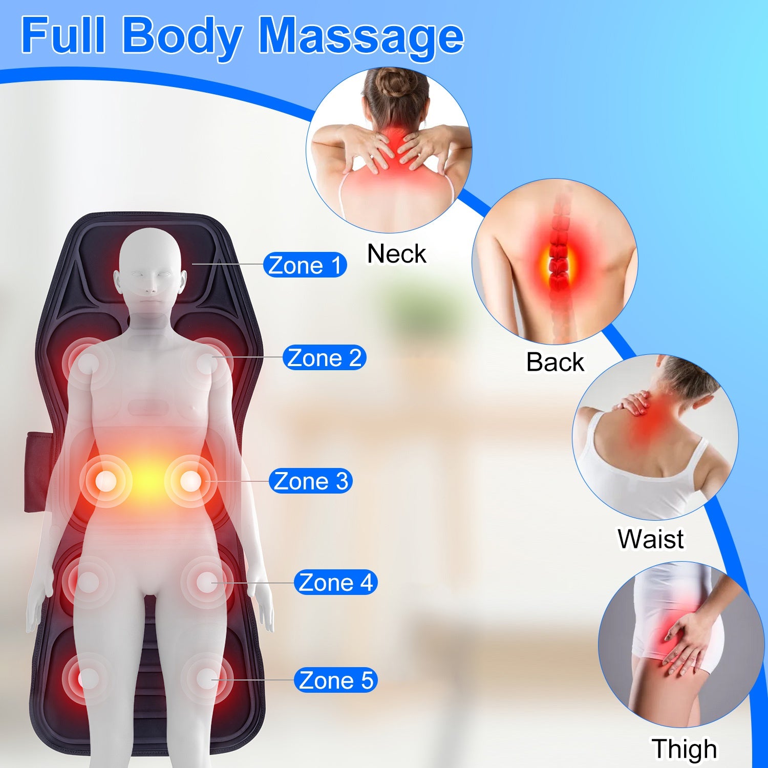 1Pc Full Body Massage Chair Pad with Heat Multifunctional Back Massager with Pinpoint Massage Vibration Timer for Home Office Car Use