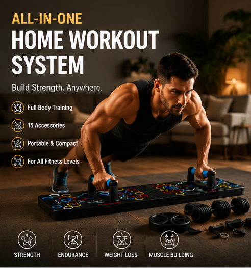 Multifunctional Push up Board Home Strength Training Equipment with 15 Fitness Accessories Pilates Bar Resistance Band Roller Wheel Full Body Workout Home Gym Equipment