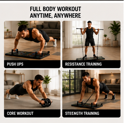 Multifunctional Push up Board Home Strength Training Equipment with 15 Fitness Accessories Pilates Bar Resistance Band Roller Wheel Full Body Workout Home Gym Equipment
