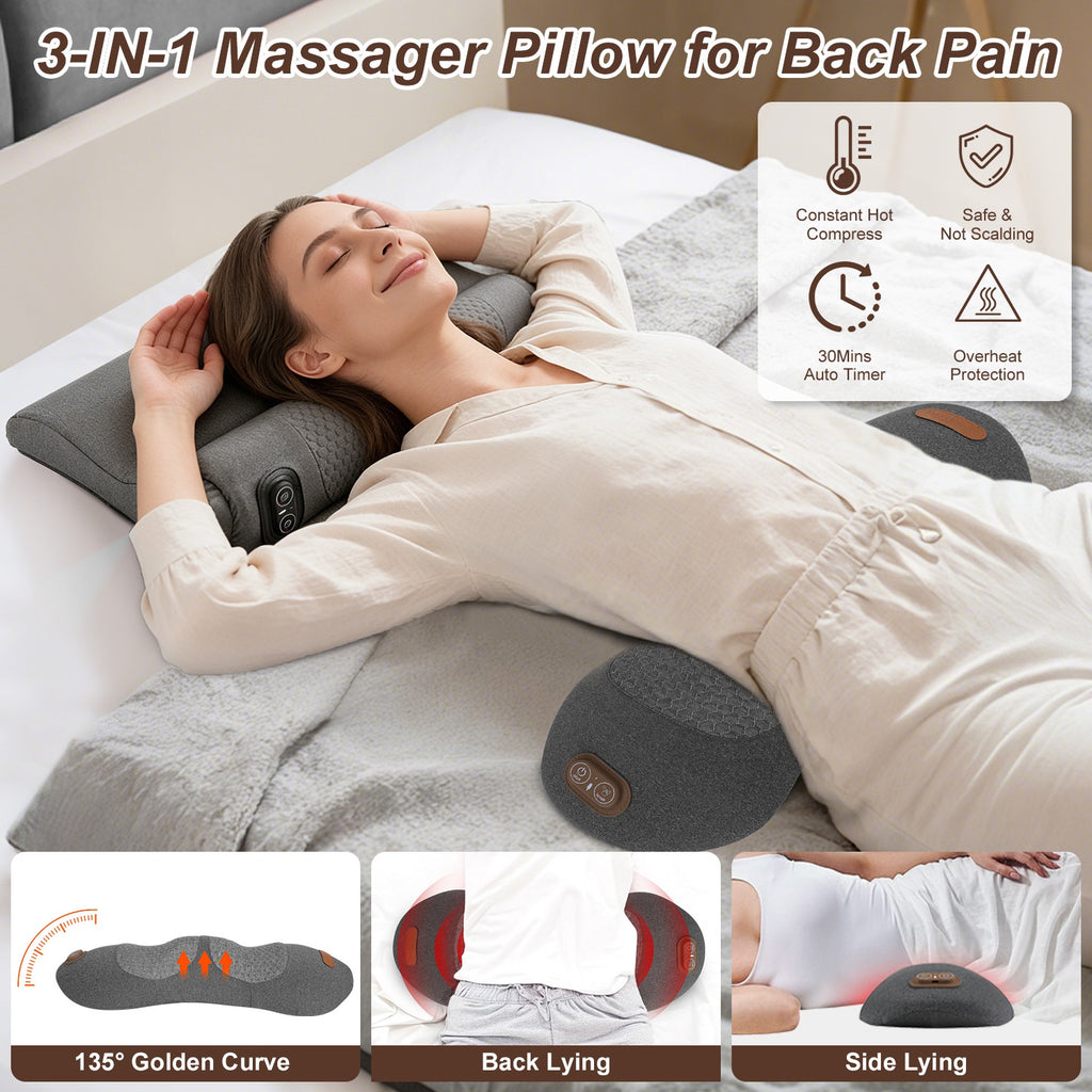 3 in 1 Electric Lumbar Massager Support Pillow Plug-In Memory Foam Lower Back Massager with Heat Vibration Airbag Stretching Adapter for Pain Relief