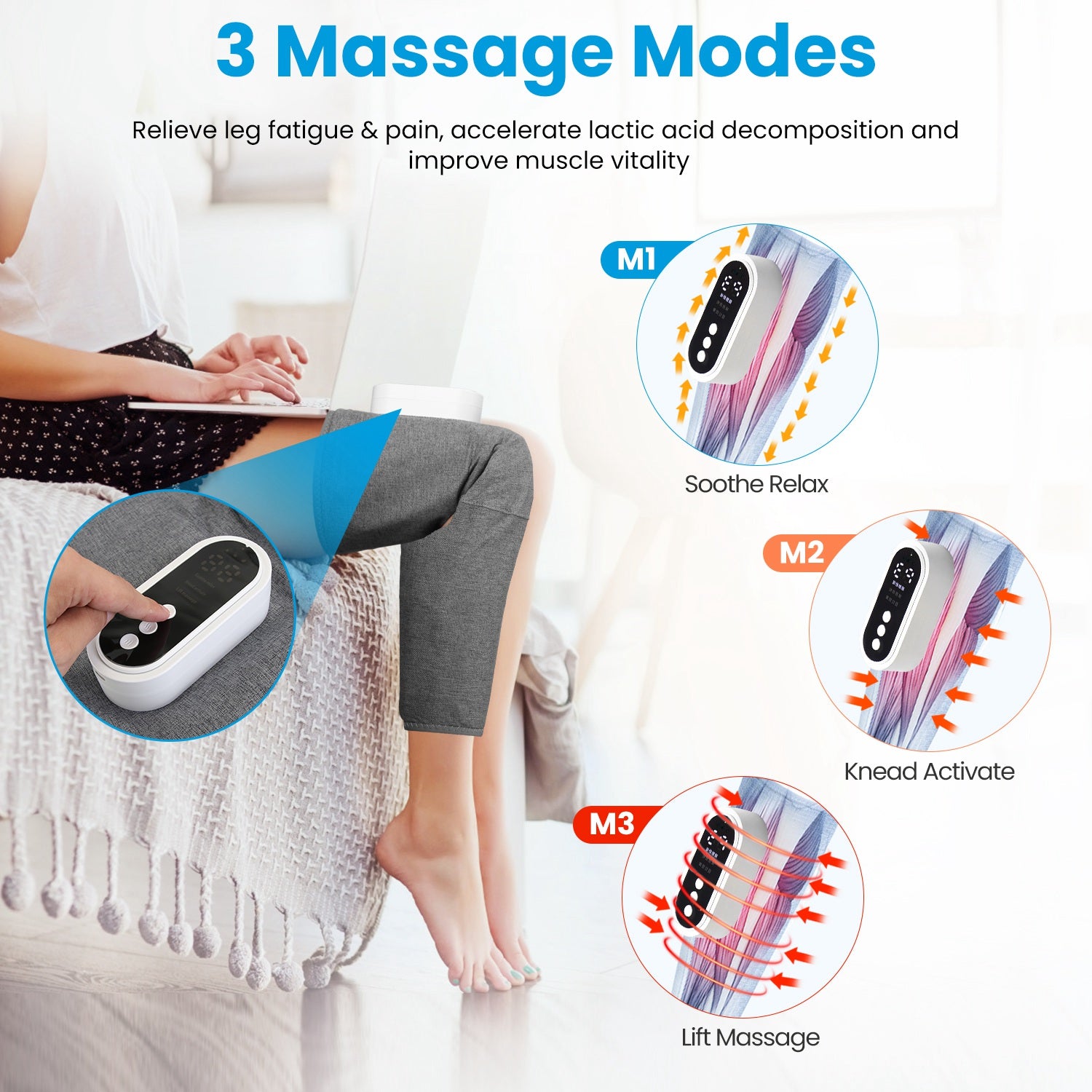 1Pc Cordless Leg Massager Air Compression Massager with Heat Thigh Knee Calf Massager with 3 Modes Adjustable Wrap for Pain Relief